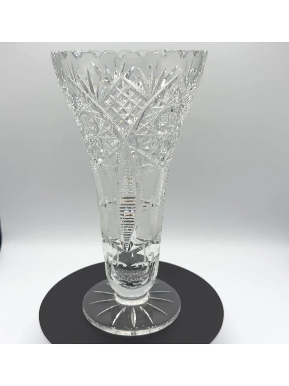 Antique American Brilliant Cut Glass Trumpet Vase Hobstar Vesica